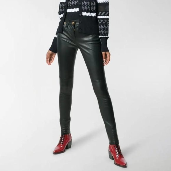🎁 Versace Black High Waisted Skinny Leather Pants - Picture 2 of 14
